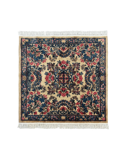 Square Persian Kerman Rug 4x4, Ivory Blue Pink, Handmade, Fine 225 KPSI