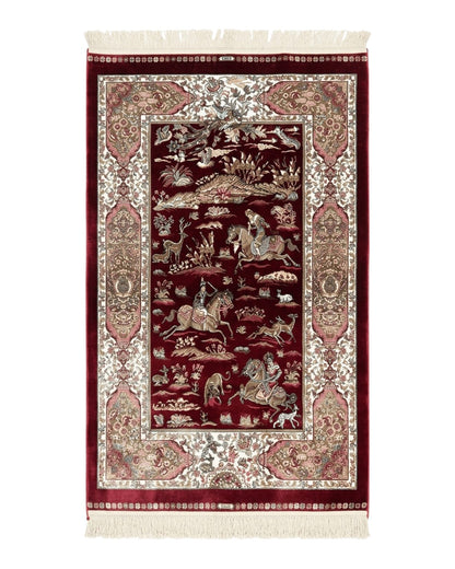 Dark Red Turkish Silk Rug 2.6 x 4, Hunting Design Scene, Bamboo Silk