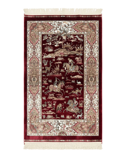 Dark Red Turkish Silk Rug 2.6 x 4, Hunting Design Scene, Bamboo Silk