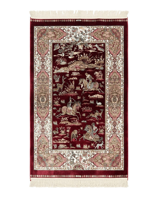 Dark Red Turkish Silk Rug 2.6 x 4, Hunting Design Scene, Bamboo Silk