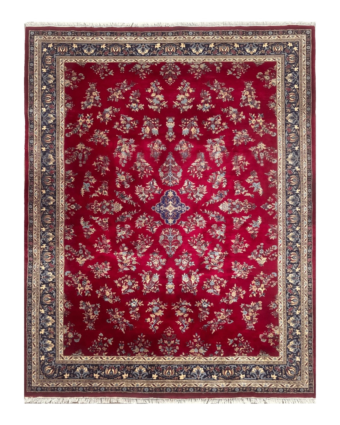 Indo Persian Sarouk Rug 10x14, Large Red and Navy Blue Carpet, Traditional Floral Wool Rug