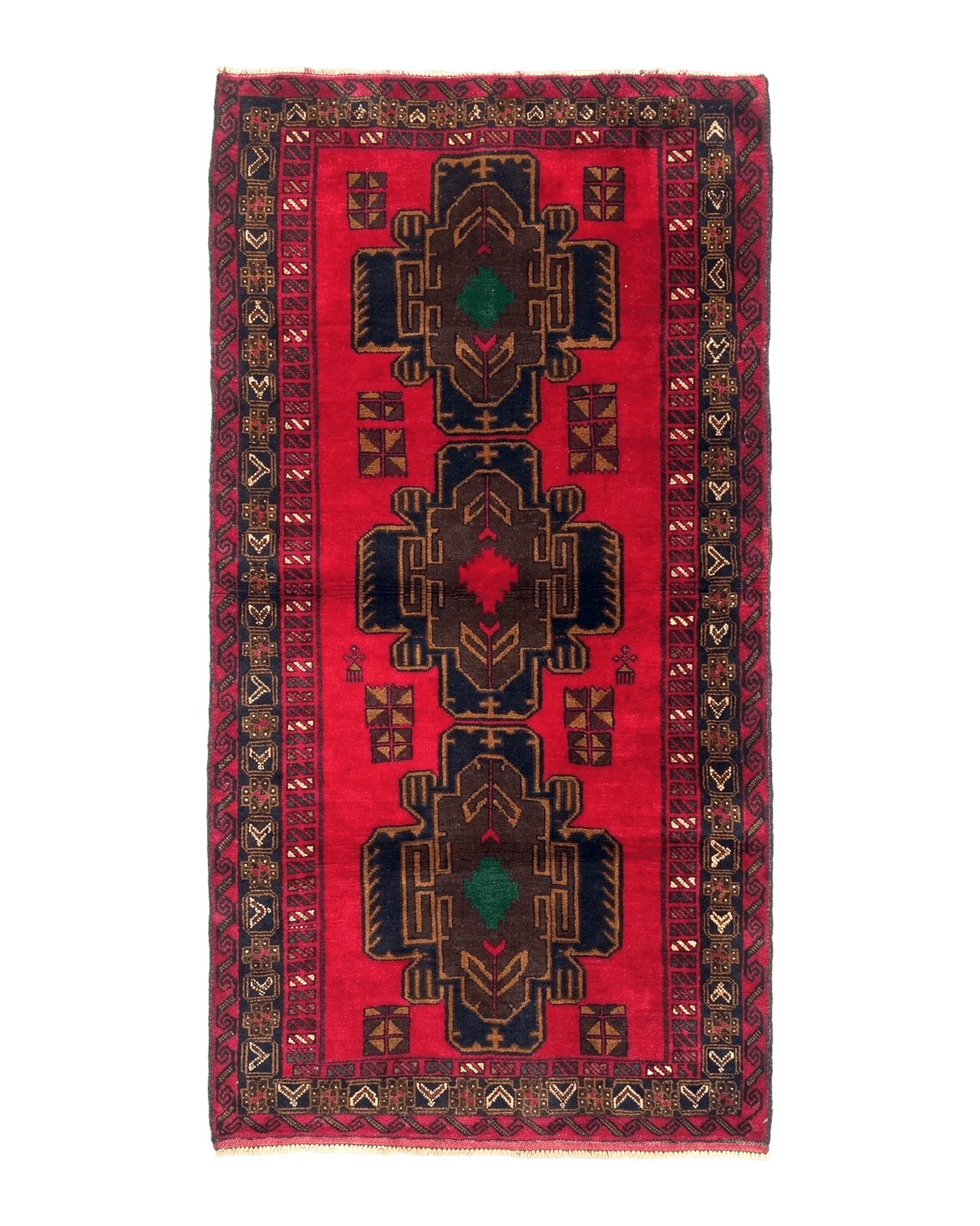 Red Afghan Balouch Rug 4x7, Triple Medallions, Handmade, New
