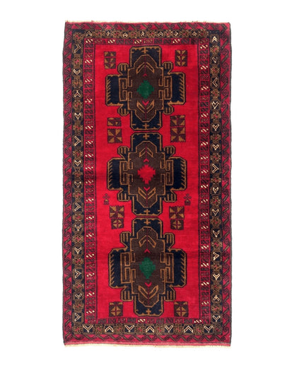 Red Afghan Balouch Rug 4x7, Triple Medallions, Handmade, New