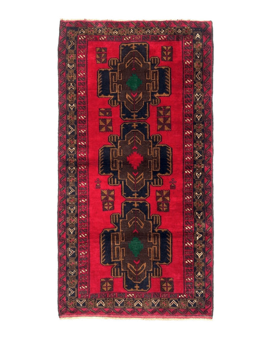 Red Afghan Balouch Rug 4x7, Triple Medallions, Handmade, New