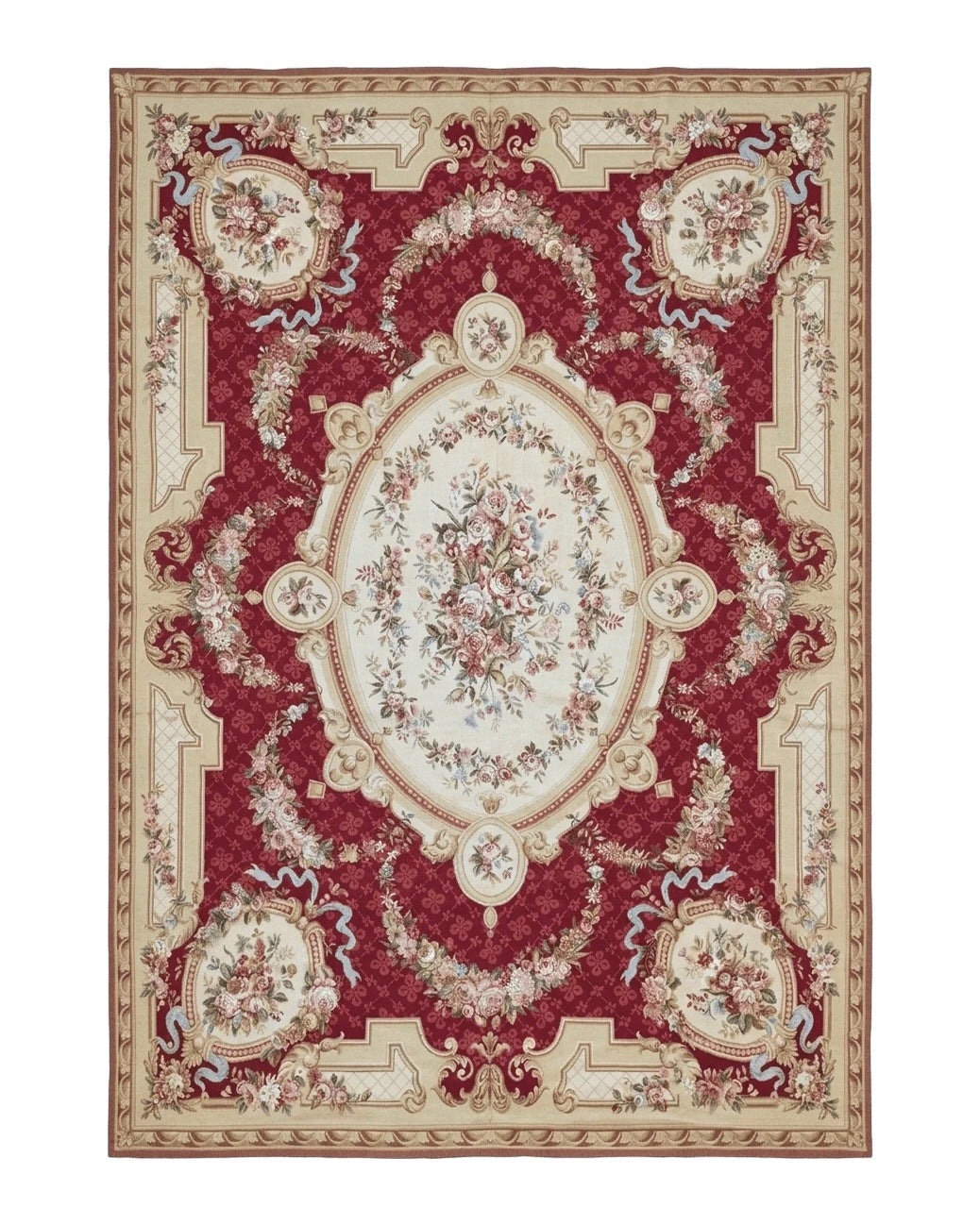 Aubusson Rug 8x11, Needlepoint Carpet, Red Ivory Beige, Vintage, French European Design