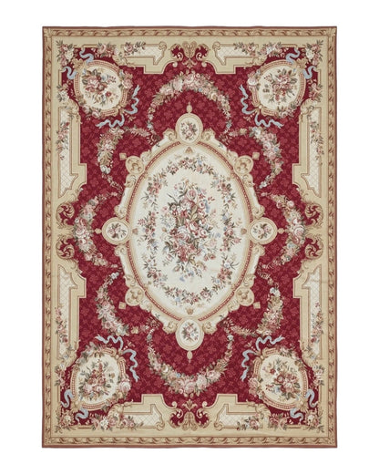 Aubusson Rug 8x11, Needlepoint Carpet, Red Ivory Beige, Vintage, French European Design
