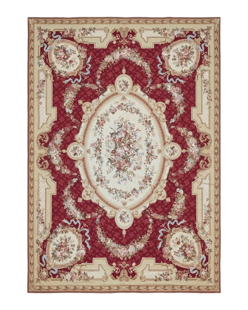 Aubusson Rug 8x11, Needlepoint Carpet, Red Ivory Beige, Vintage, French European Design
