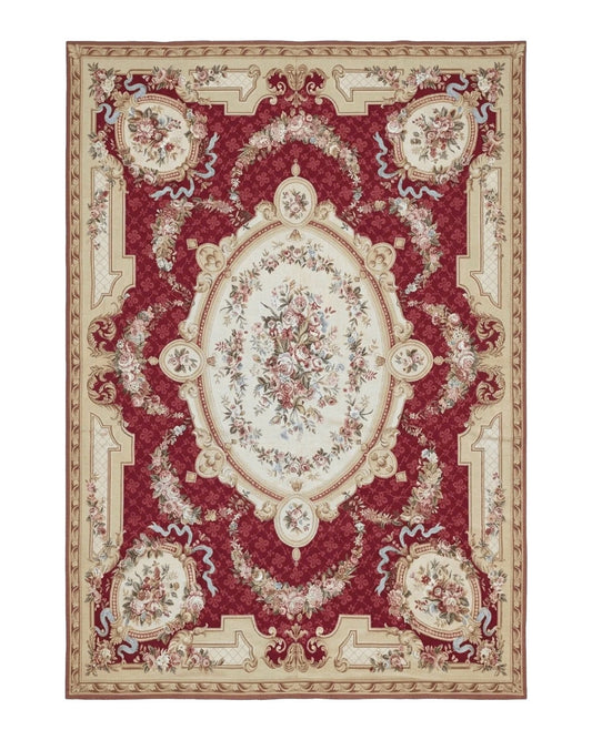 Aubusson Rug 8x11, Needlepoint Carpet, Red Ivory Beige, Vintage, French European Design
