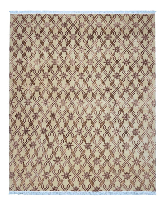 Tibetan Rug 8x10, Wool with Silk Highlights, Beige and Maroon, Contemporary Carpet
