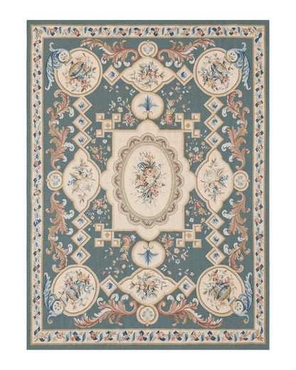 Aubusson Rug 9x12, Muted Sage Green and Cream, European Design