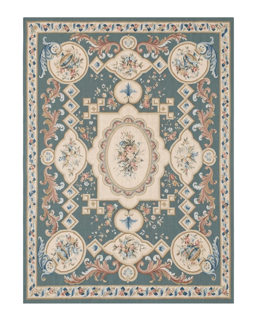 Aubusson Rug 9x12, Muted Sage Green and Cream, European Design