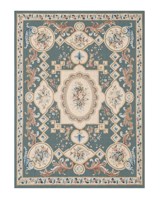 Aubusson Rug 9x12, Muted Sage Green and Cream, European Design