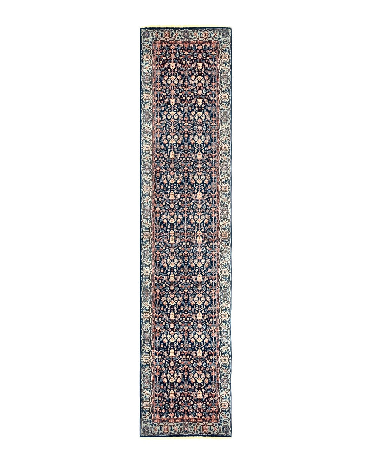 Indo Persian Runner Rug 2.8 x 12, Navy Blue, Floral, Fine 270 KPSI