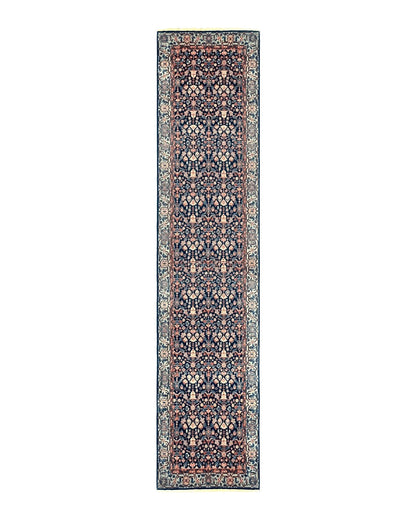Indo Persian Runner Rug 2.8 x 12, Navy Blue, Floral, Fine 270 KPSI