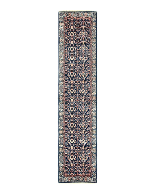 Indo Persian Runner Rug 2.8 x 12, Navy Blue, Floral, Fine 270 KPSI