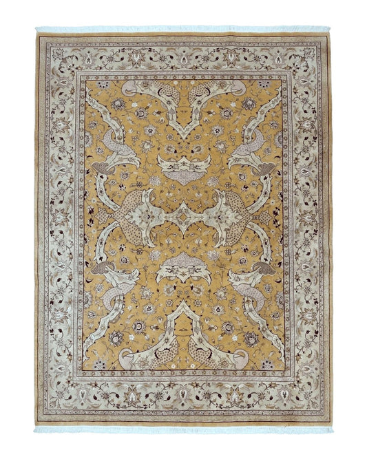 Sino Persian Rug 8x11, Wool with Silk Highlights, Unique Colors, Gold and Light Green, Fine 240 KPSI