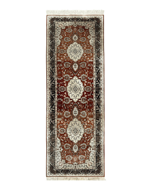 Turkish silk narrow runner rug 2x5.8 feet with red floral medallions, very fine 340 KPSI, from Jewel Rugs, shown straight on.