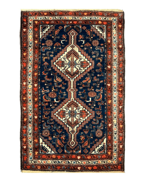 Antique Persian Hamadan Rug 4x6, Geometric, Double Medallions, Navy Blue, Tribal Carpet