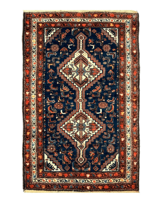 Antique Persian Hamadan Rug 4x6, Geometric, Double Medallions, Navy Blue, Tribal Carpet
