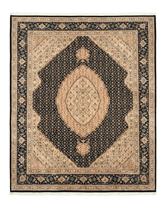 Sino Persian Rug 8x10, Herati Mahi Pattern, Fine 170 KPSI, Black, Wool and Silk Highlights