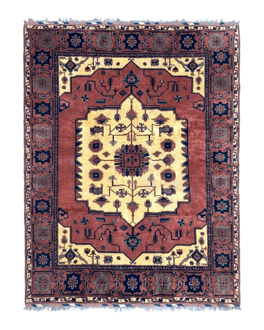 Afghan Heriz Rug 9x12, Tribal Geometric Serapi Carpet, Rust Cream and Navy, Wool on Wool
