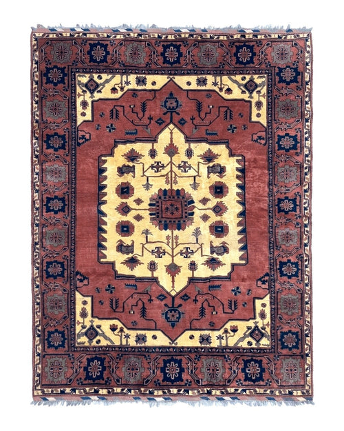 Afghan Heriz Rug 9x12, Tribal Geometric Serapi Carpet, Rust Cream and Navy, Wool on Wool
