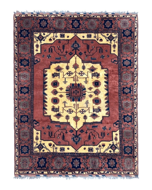 Afghan Heriz Rug 9x12, Tribal Geometric Serapi Carpet, Rust Cream and Navy, Wool on Wool