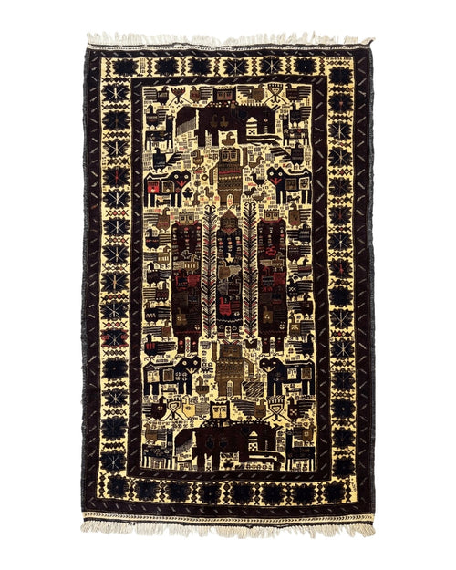 Persian Baluch Tribal Rug 4x6, Human and Bird Pictorials, Vintage, Wool, Collectible