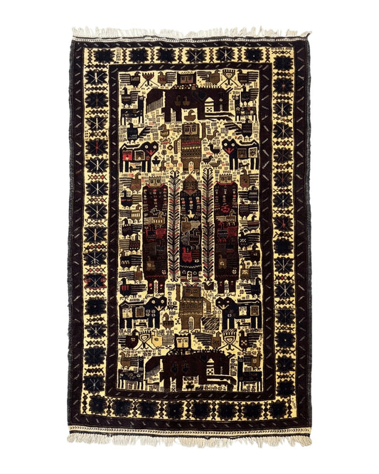 Persian Baluch Tribal Rug 4x6, Human and Bird Pictorials, Vintage, Wool, Collectible