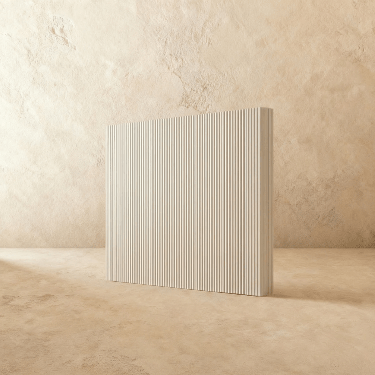 Wooden Tarak partition wall from Residence Supply, stylish room divider with geometric cutouts for home and garden decor.
