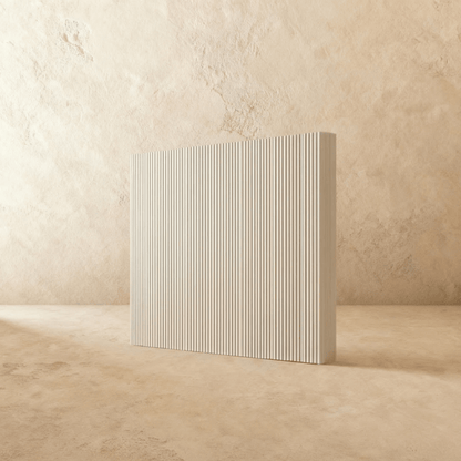 Wooden Tarak partition wall from Residence Supply, stylish room divider with geometric cutouts for home and garden decor.