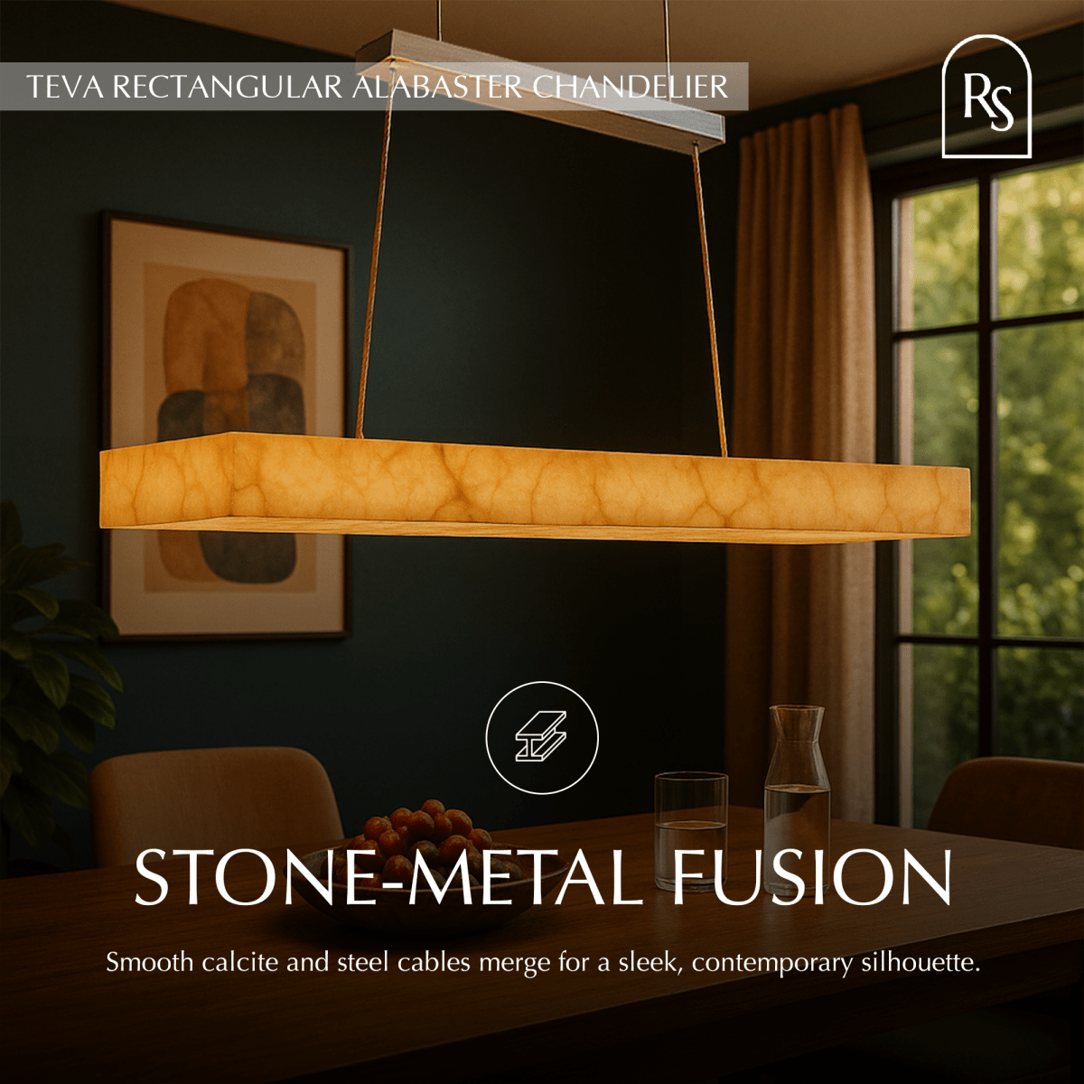 Teva Rectangular Alabaster Chandelier with rectangular alabaster shades and metal frame, hanging from ceiling in modern interior.