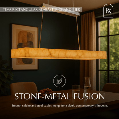 Teva Rectangular Alabaster Chandelier with rectangular alabaster shades and metal frame, hanging from ceiling in modern interior.