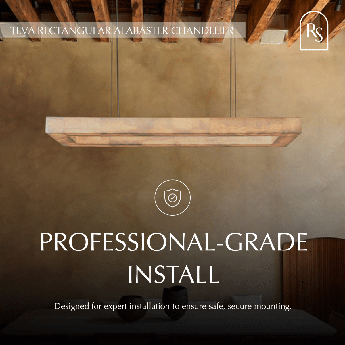 Teva rectangular alabaster chandelier with a modern design, featuring a rectangular shape and soft alabaster light diffuser.