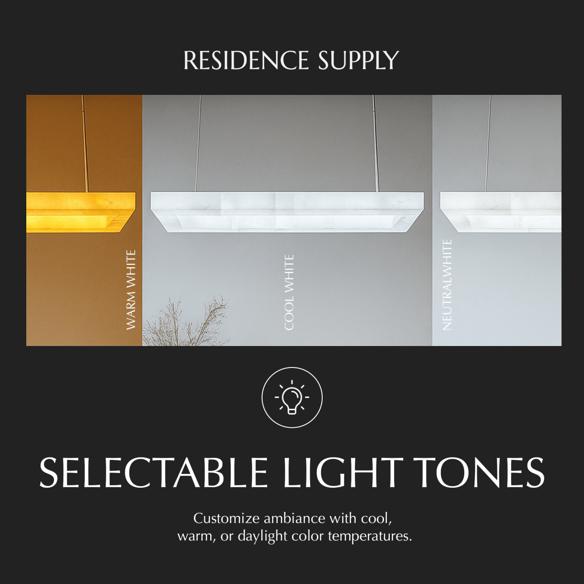 Rectangular alabaster chandelier by Teva with a sleek modern design, featuring warm white stone and elegant metal accents.