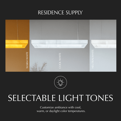 Rectangular alabaster chandelier by Teva with a sleek modern design, featuring warm white stone and elegant metal accents.