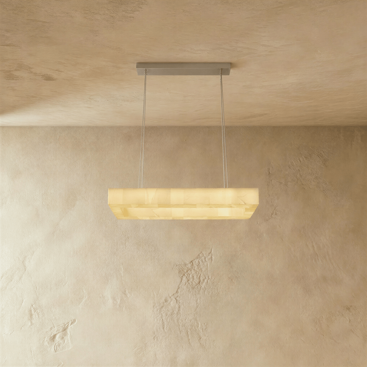 Teva Rectangular Alabaster Chandelier with rectangular alabaster shades and metal frame hanging from ceiling.