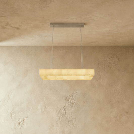Teva Rectangular Alabaster Chandelier with rectangular alabaster shades and metal frame hanging from ceiling.
