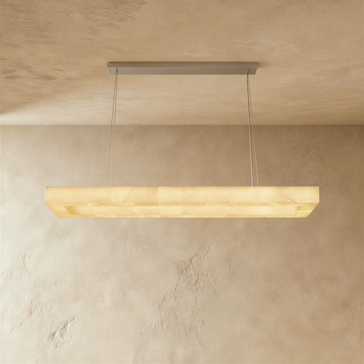 Rectangular alabaster chandelier by Teva with a modern design, featuring a sleek frame and soft, diffused lighting.