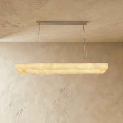 Rectangular alabaster chandelier by Teva with a modern design, featuring a sleek frame and soft, diffused lighting.