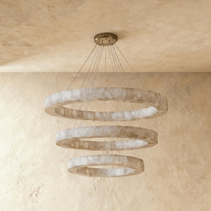 Teva Round Alabaster Chandelier by Residence Supply featuring a circular alabaster shade and metal frame for elegant lighting.