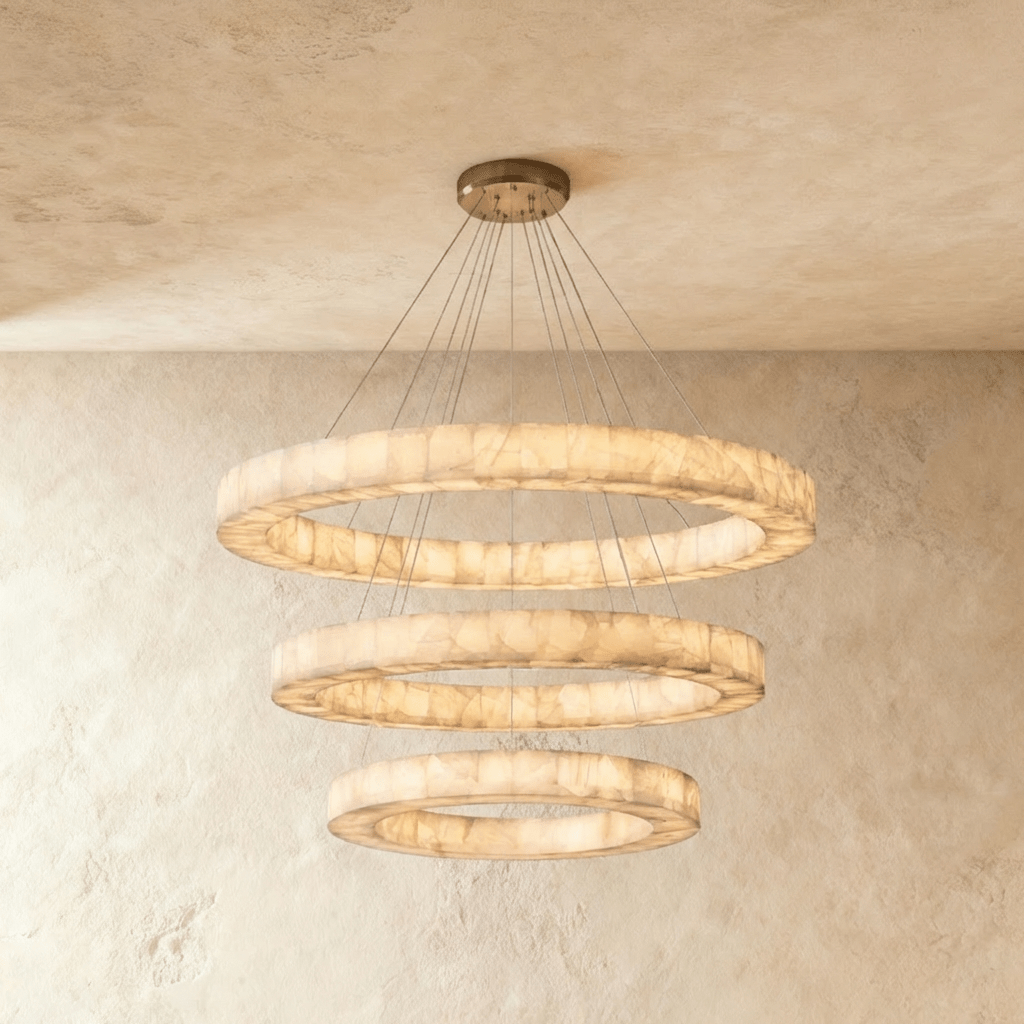 Teva Round Alabaster Chandelier by Residence Supply showing a round ceiling light with a white alabaster glass shade.