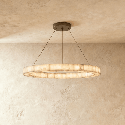 Teva Round Alabaster Chandelier with white alabaster shades and metal frame, hanging from ceiling in a modern interior.