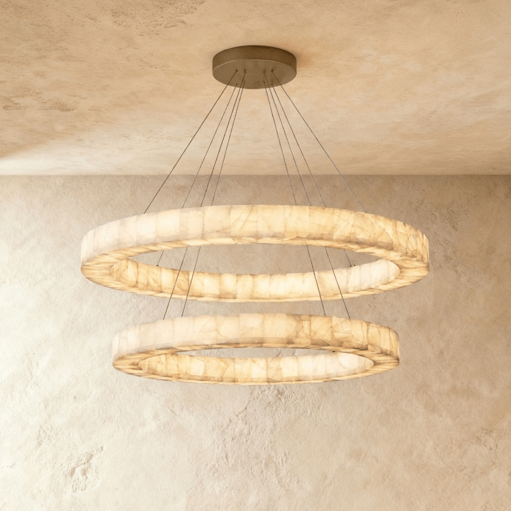 Teva Round Alabaster Chandelier with white alabaster shades and bronze finish, hanging fixture with elegant, round design.