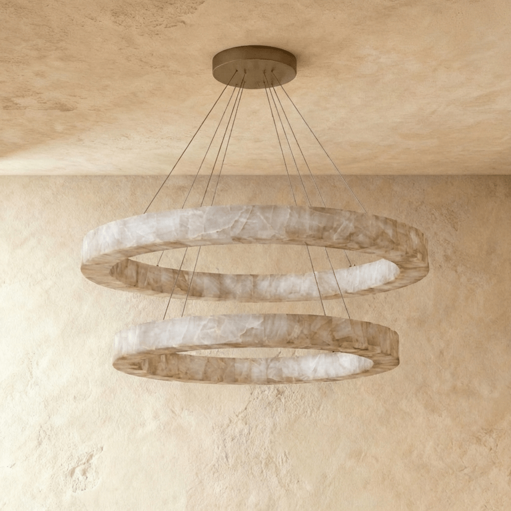 Teva Round Alabaster Chandelier by Residence Supply featuring a circular design with glowing alabaster glass shades.