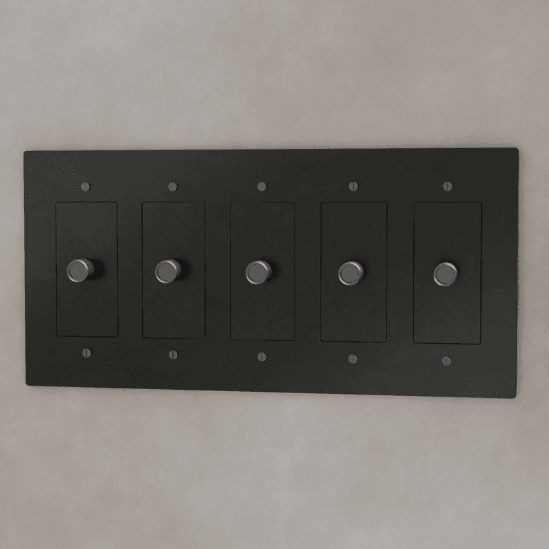 Brass 3-Way Rotary Dimmer Switch by Residence Supply, shown in a 1 to 5 gang configuration with rotary knobs for light control.
