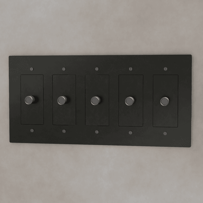 Brass 3-Way Rotary Dimmer Switch by Residence Supply, shown in a 1 to 5 gang configuration with rotary knobs for light control.