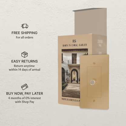 Brass Residence Supply 3-Way Rotary Dimmer Switch for 1 to 5 gang electrical control panel, featuring metal knob and switch interface.