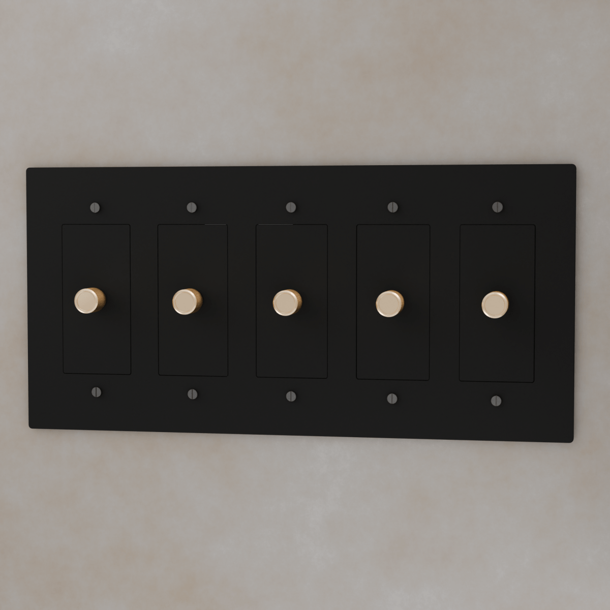 Brass Residence Supply 3-way rotary dimmer switch for 1 to 5 gang electrical control, with rotary knobs and mounting brackets visible.