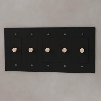 Brass Residence Supply 3-way rotary dimmer switch for 1 to 5 gang electrical control, with rotary knobs and mounting brackets visible.
